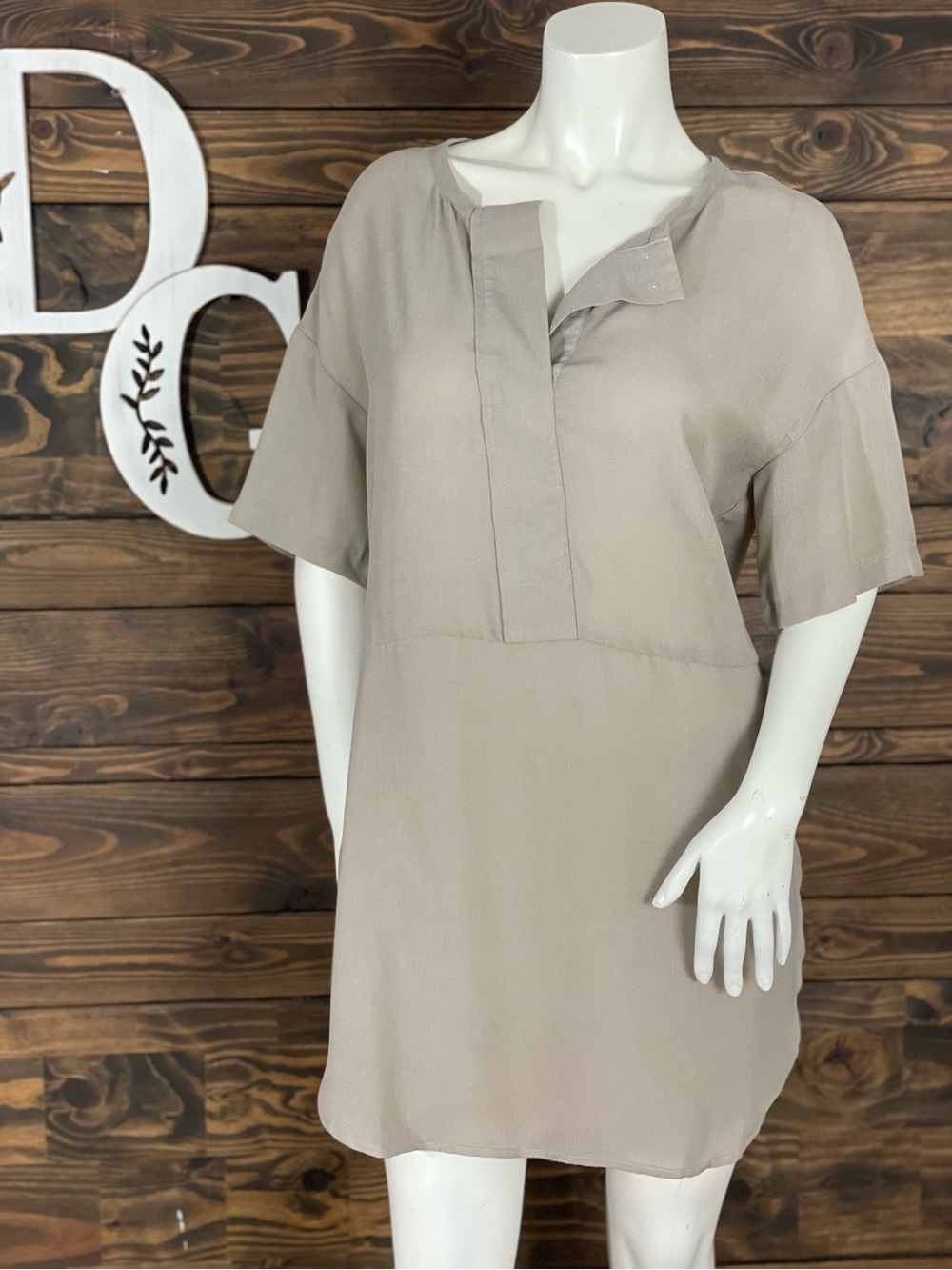 Maude | Tencel Taupe Split-Neck Muslin Tunic Top Long Rounded Split Side Hemline